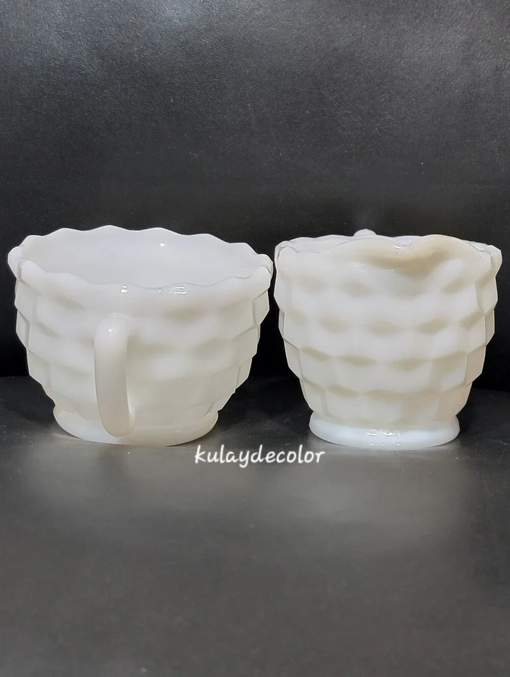 Vintage Jeannette White Milk Glass Creamer & Open Sugar Bowl Set Diamond Quilt